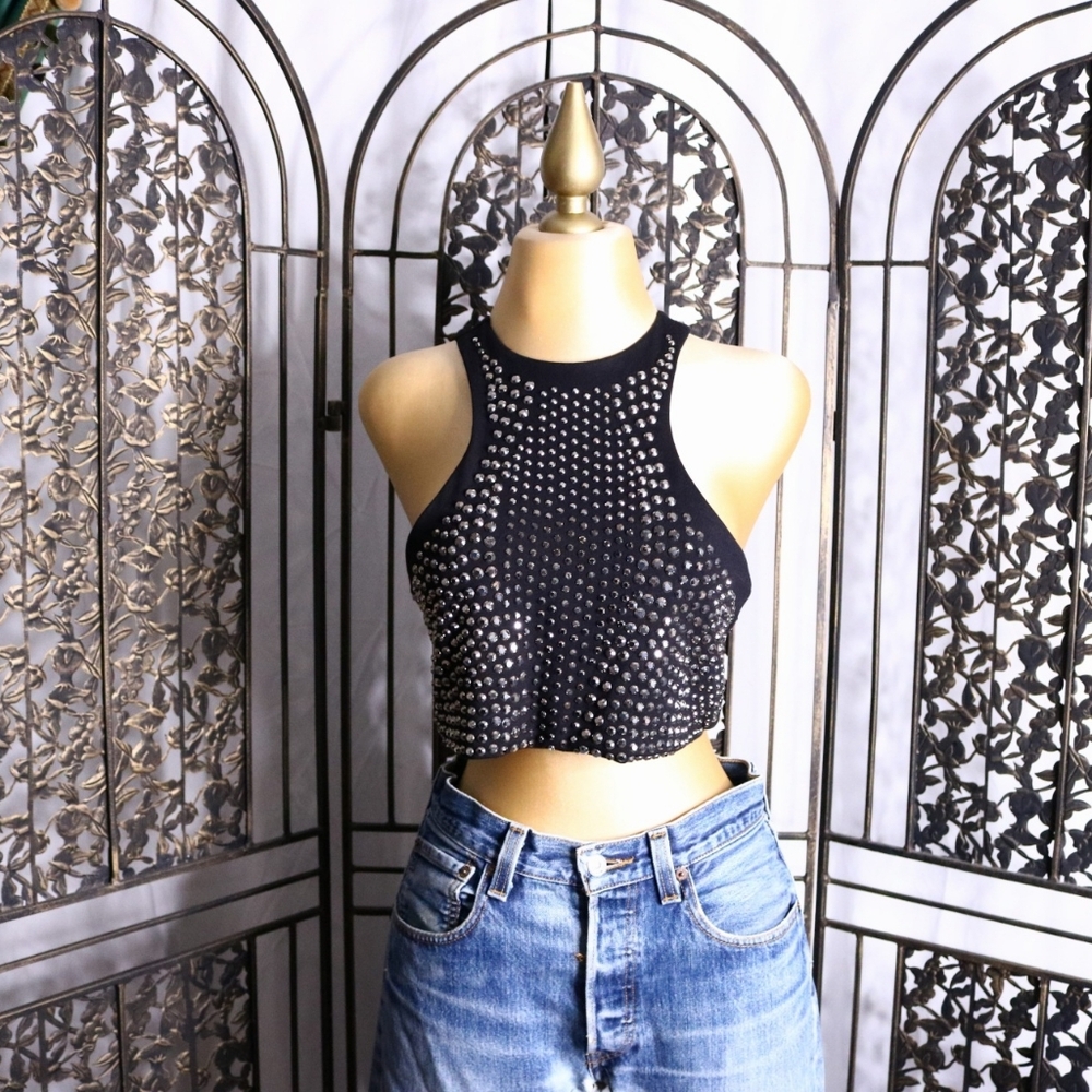 Black Studded Women's Crop Top, Medium, Night Out Tops